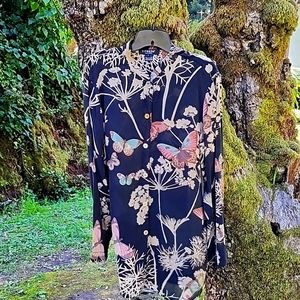 Citron Ladies Large Silk Spandex Sheer Mandarin Collar Black Butterfly Blouse